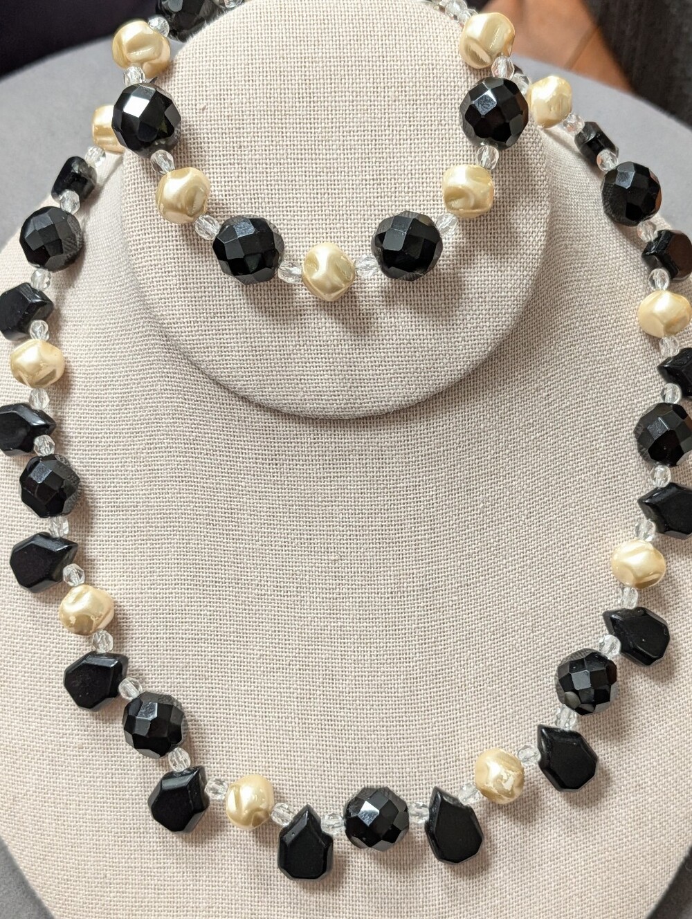 Vintage-Inspired Black & Pearl Necklace + Matching Bracelet Set